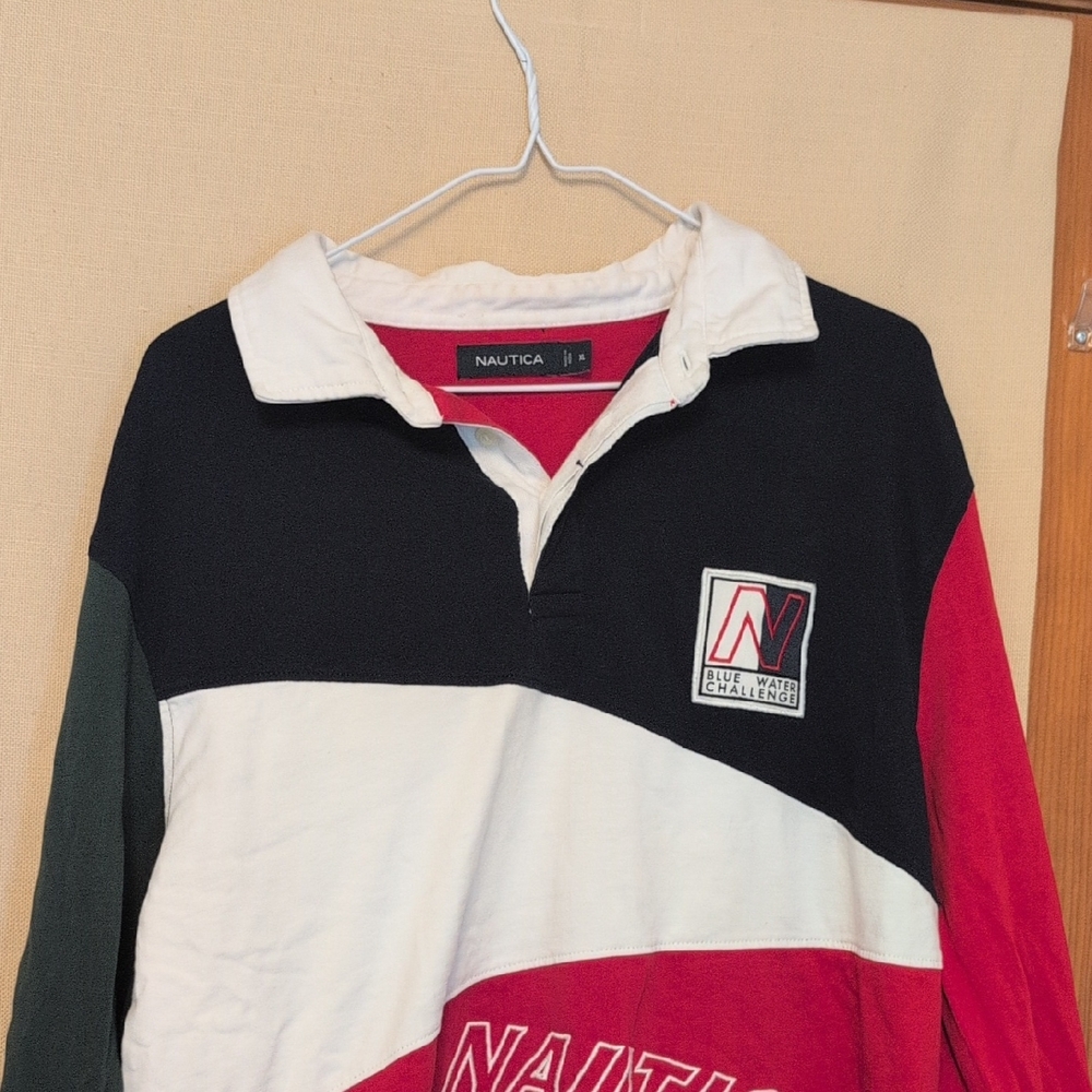 Nautica Blue Water Challenge Embroidered Long Sleeve Rugby Polo Shirt Size XL